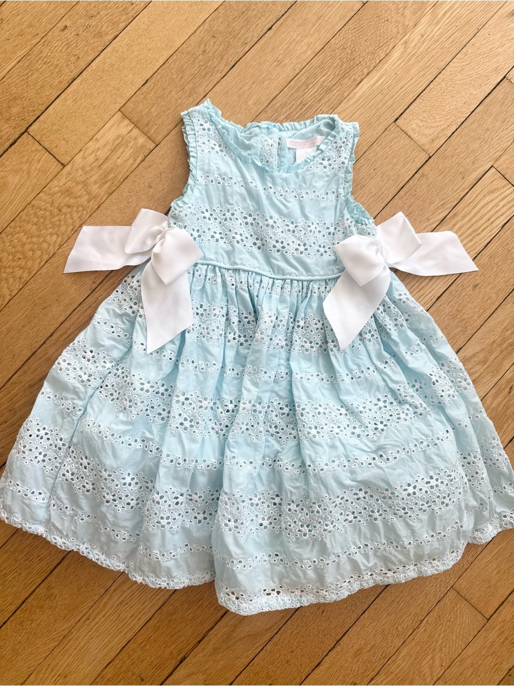 Janie and Jack Light Teal Eyelet Baby Dress with White Side Bows